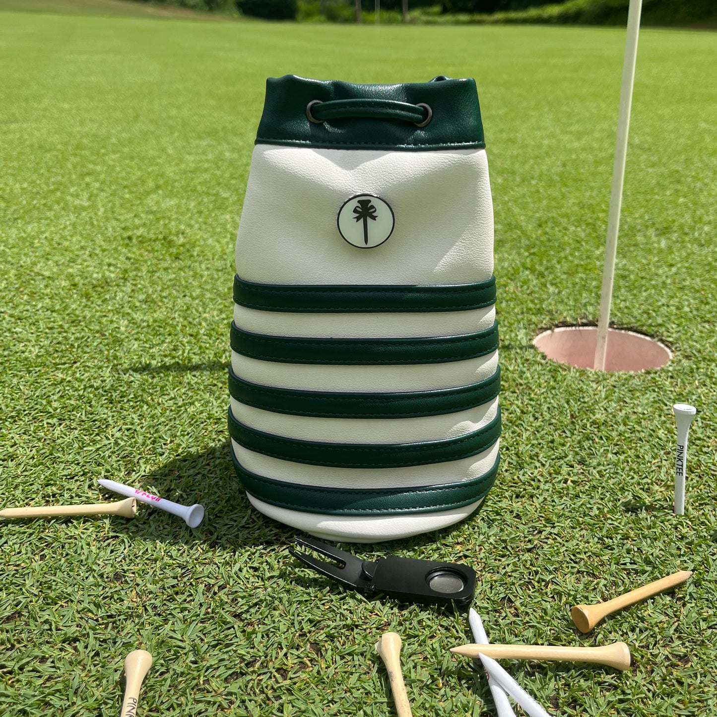 PINKTEE Golf Ball Sack "BIRDIE SACK" Valuables Golf Pouch Leather Bag Bucket Waist Design with Removable Magnetic Ball Marker