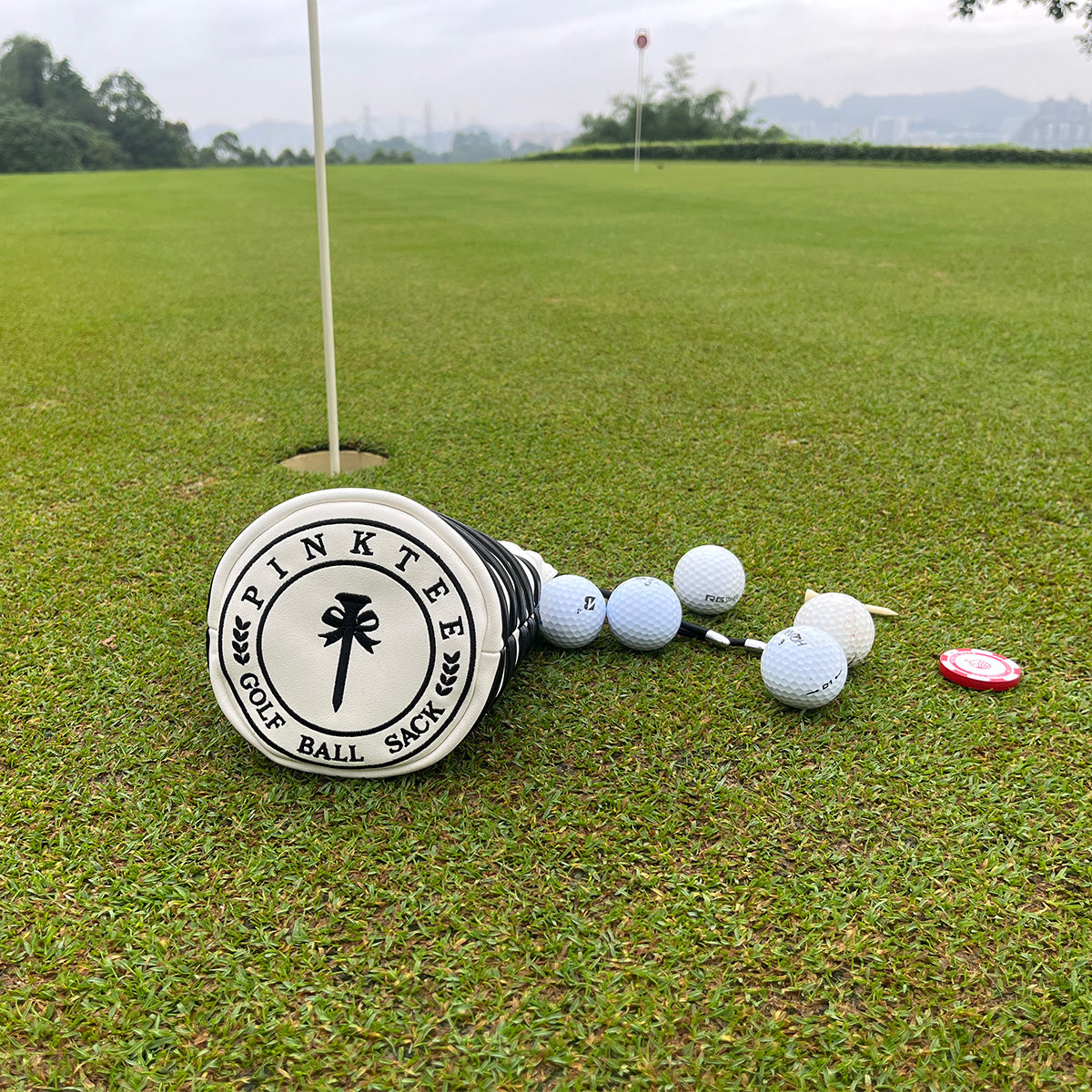 PINKTEE Golf Ball Sack "BIRDIE SACK" Valuables Golf Pouch Leather Bag Bucket Waist Design with Removable Magnetic Ball Marker