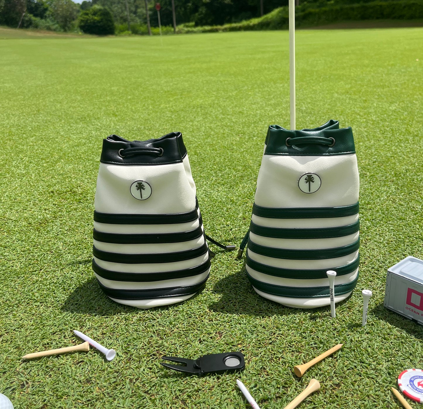 PINKTEE Golf Ball Sack "BIRDIE SACK" Valuables Golf Pouch Leather Bag Bucket Waist Design with Removable Magnetic Ball Marker